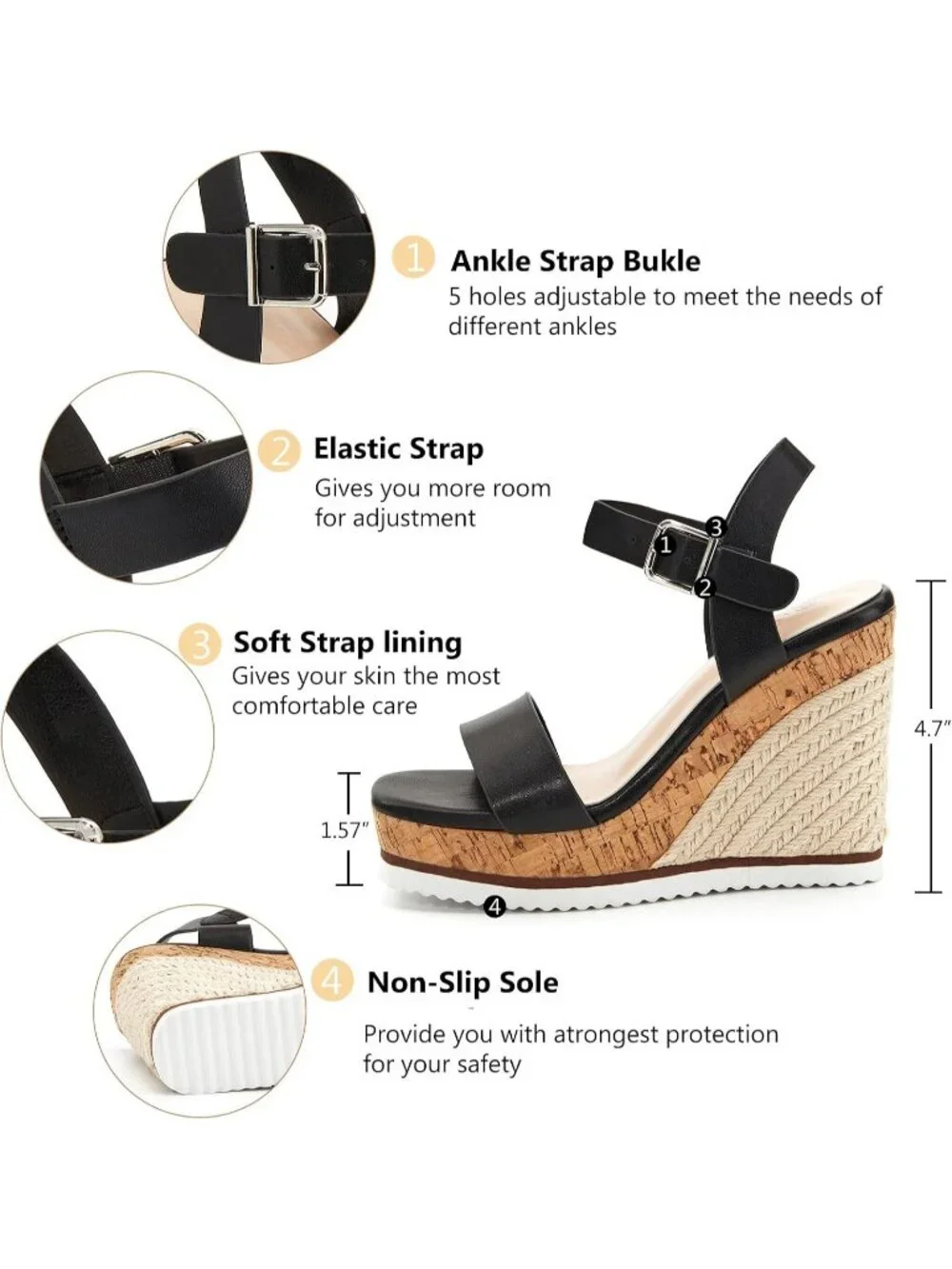 Women's Black Espadrille Wedge Platform Sandal Open Toe Ankle Buckle Strap Shoes